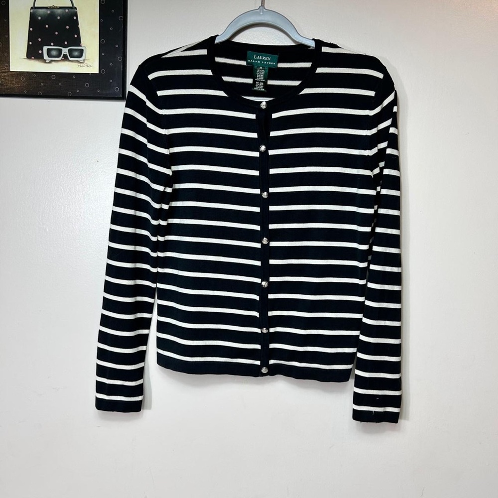 Ralph Lauren Navy and White Striped Cardigan SILK - Picture 1 of 8